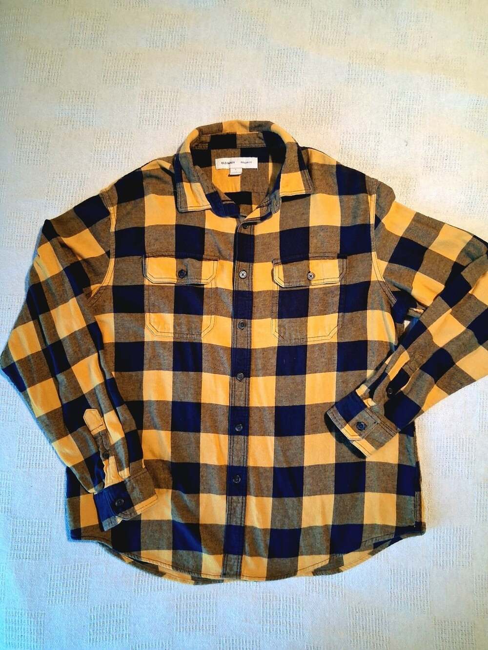 Old Navy Flannel Shirt Size L Yellow Blue Plaid Long Sleeve